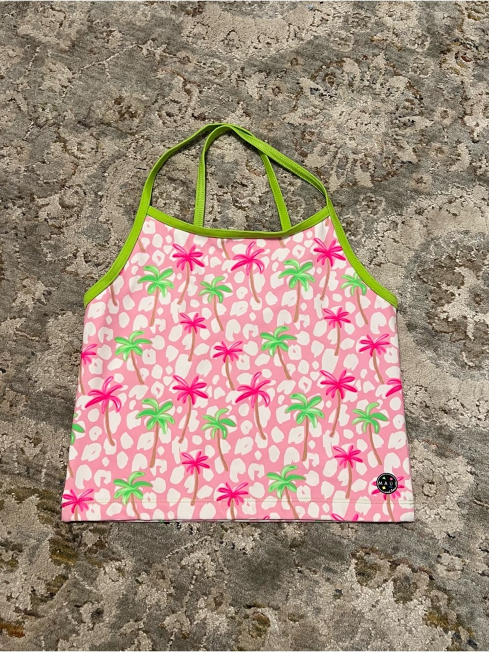 Maui and Sons Pink Tropical Halter Top with Lime Trim